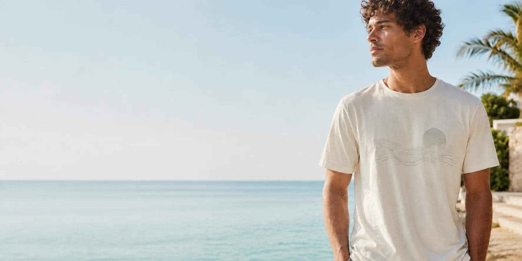 A person in a light Oceaneros shirt on a bright tropical coastline