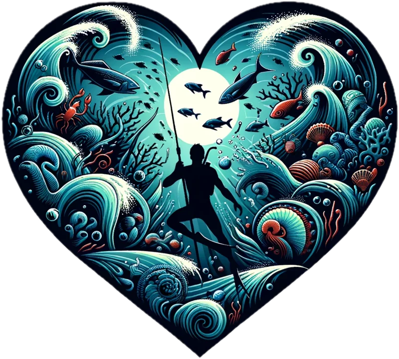 A freediver descending through a heart formed by open water.