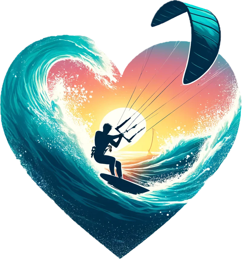 A kite surfer riding inside a heart formed by a breaking wave at sunset.