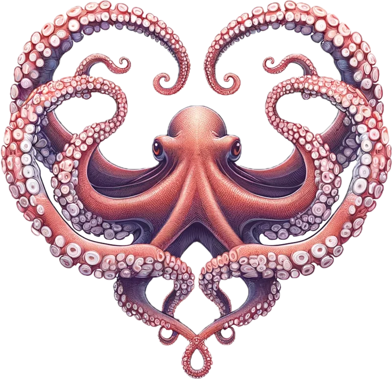 An octopus whose tentacles curl outward to form a heart.