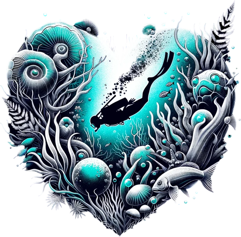A diver descending through a heart formed by reef life and kelp.