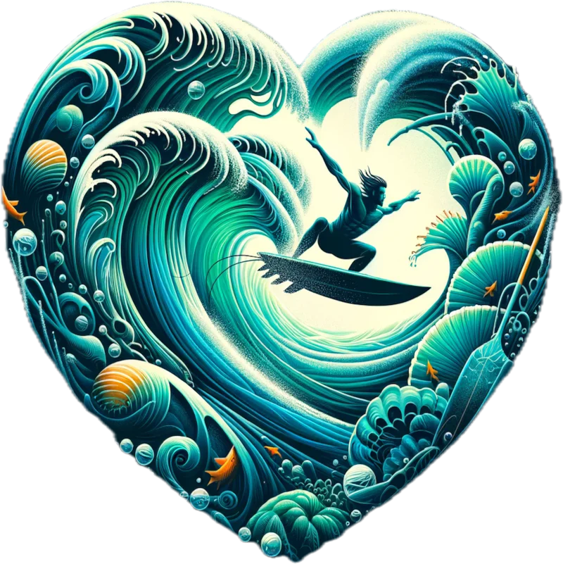 A surfer dropping into a heart formed by a curling green wave.