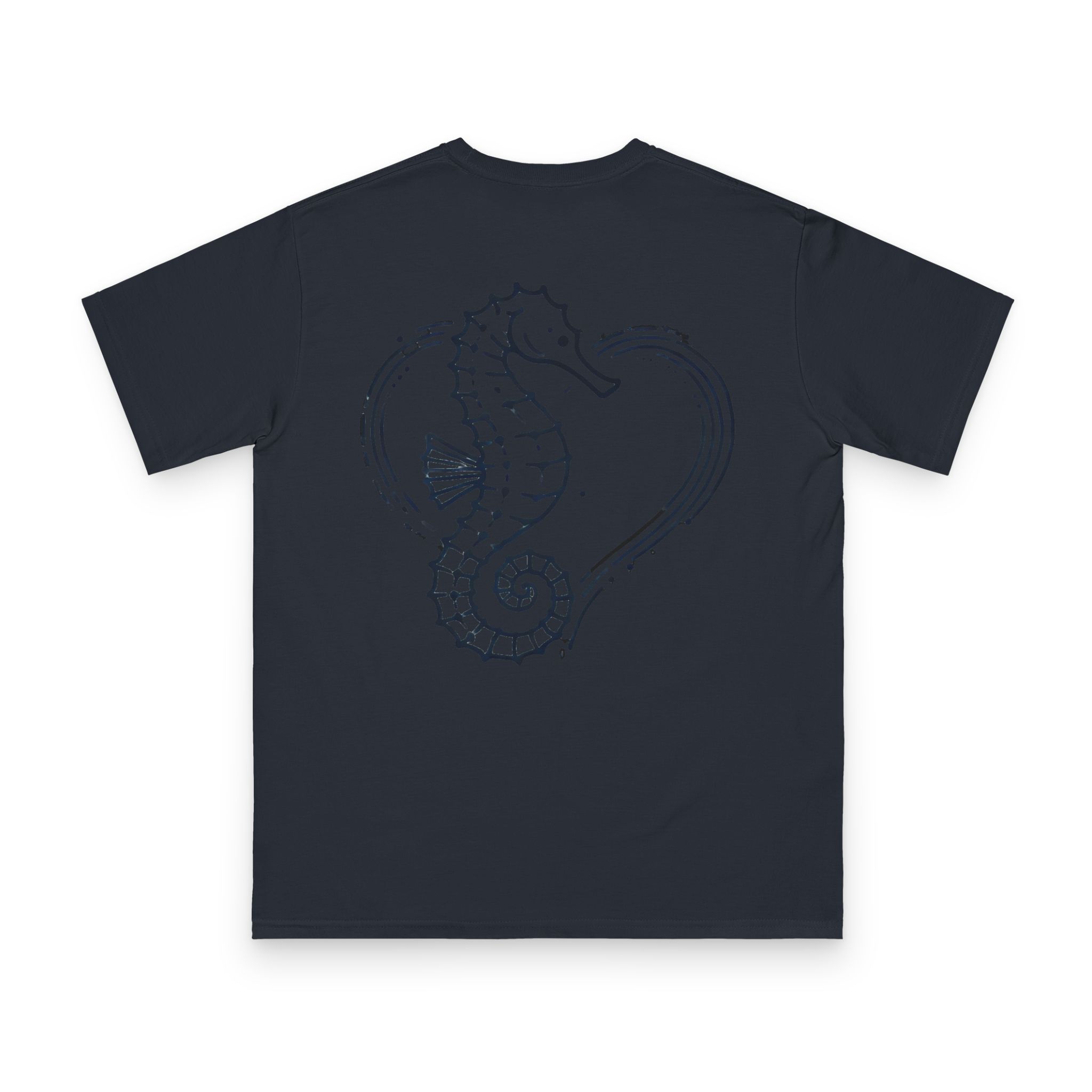 Tidebound Heart Seahorse T-Shirt 6 OceanerosOcean Devotion Apparel Tidebound Heart Seahorse T-Shirt - a seahorse anchored against the tide, its tail curled into a heart