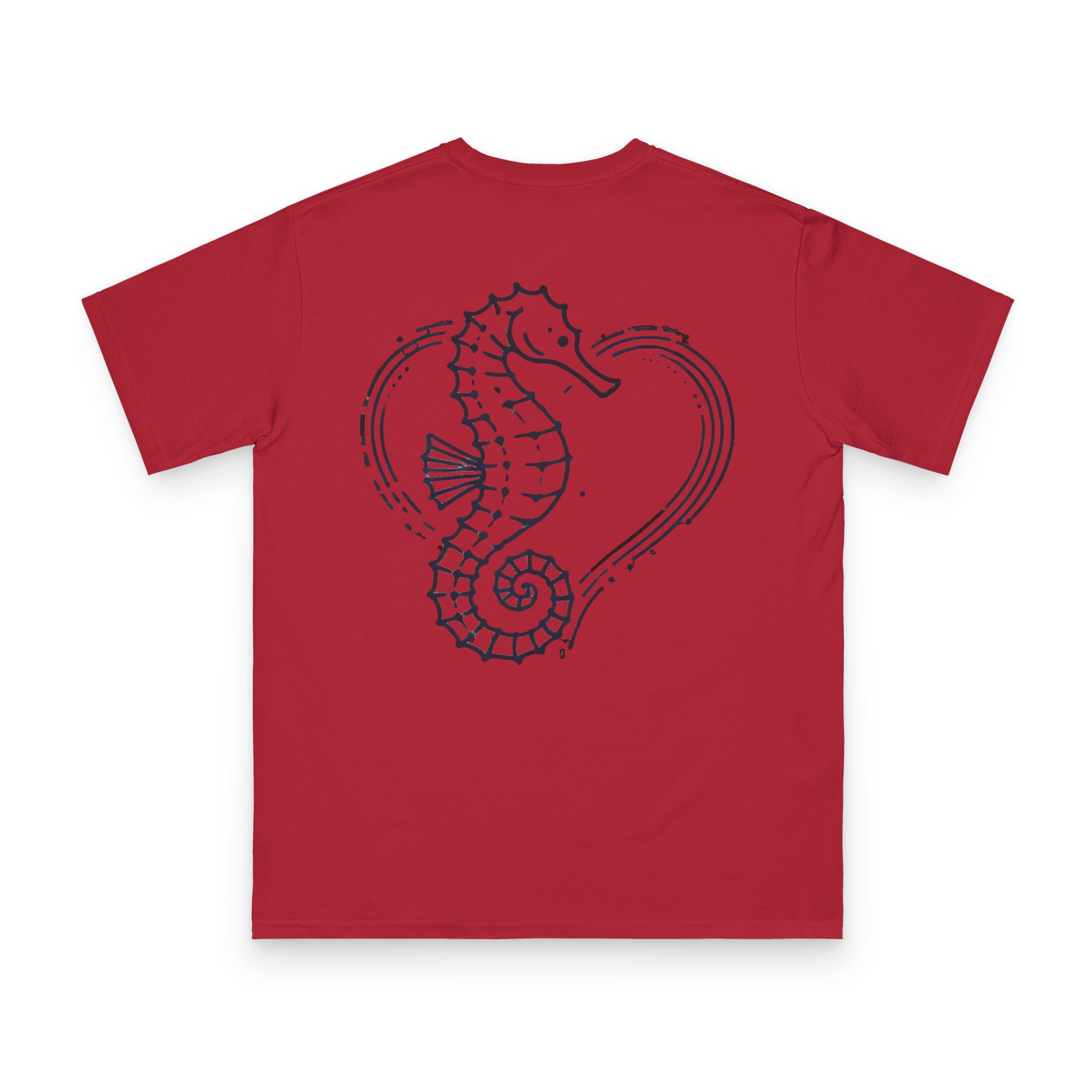 Tidebound Heart Seahorse T-Shirt 8 OceanerosOcean Devotion Apparel Tidebound Heart Seahorse T-Shirt - a seahorse anchored against the tide, its tail curled into a heart
