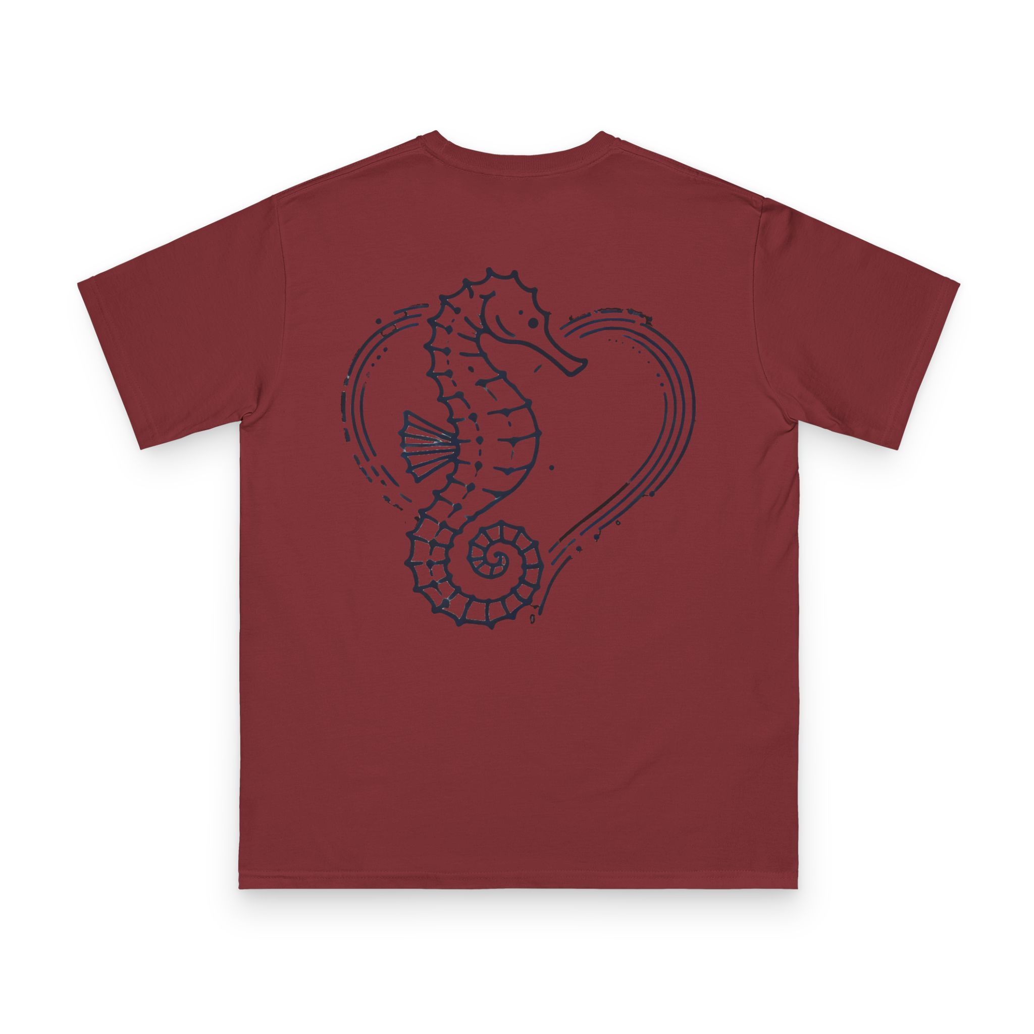 Tidebound Heart Seahorse T-Shirt 12 OceanerosOcean Devotion Apparel Tidebound Heart Seahorse T-Shirt - a seahorse anchored against the tide, its tail curled into a heart