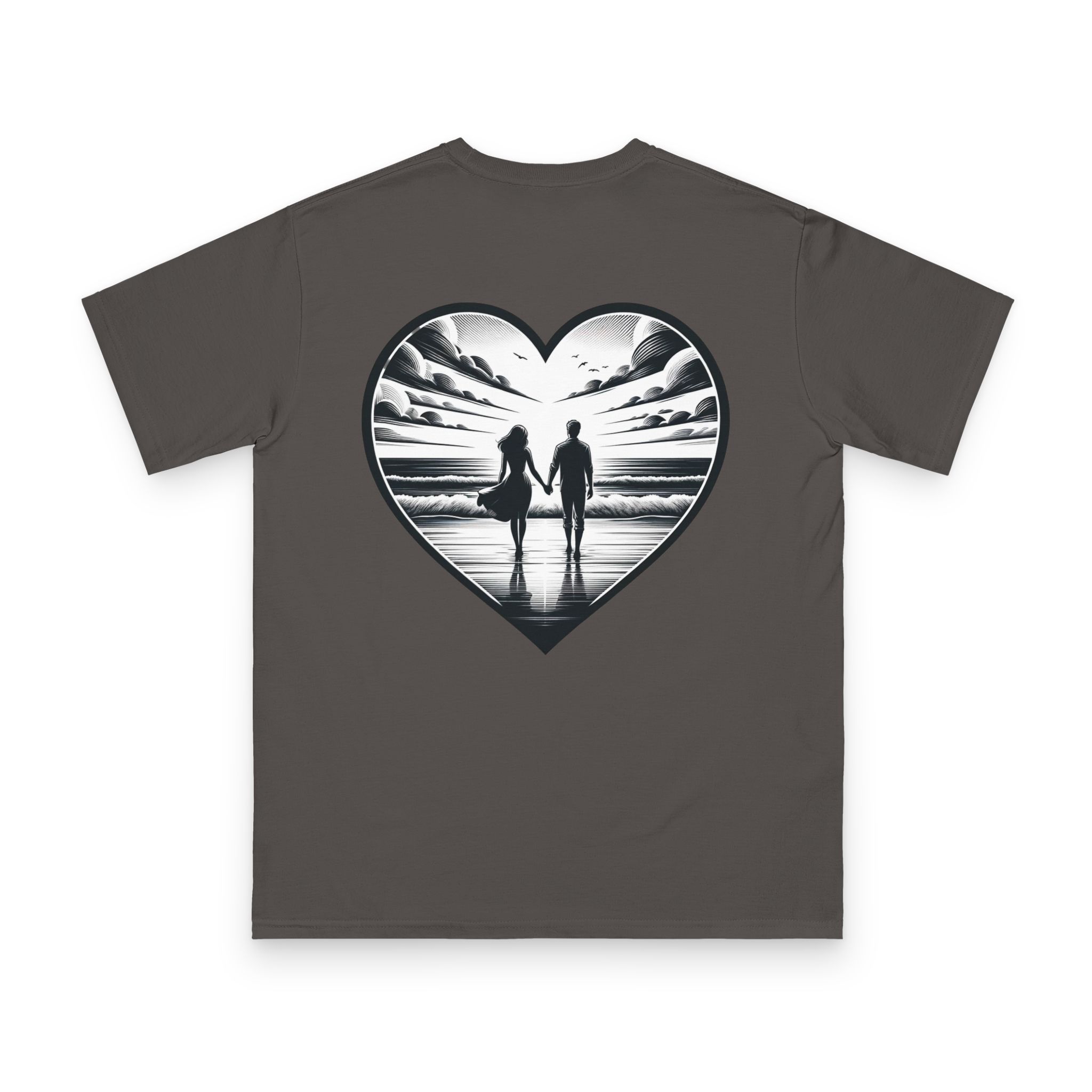 Couple Walking the Beach T-Shirt 1 OceanerosOcean Devotion Apparel Couple Walking the Beach T-Shirt - two figures walking along a wide beach