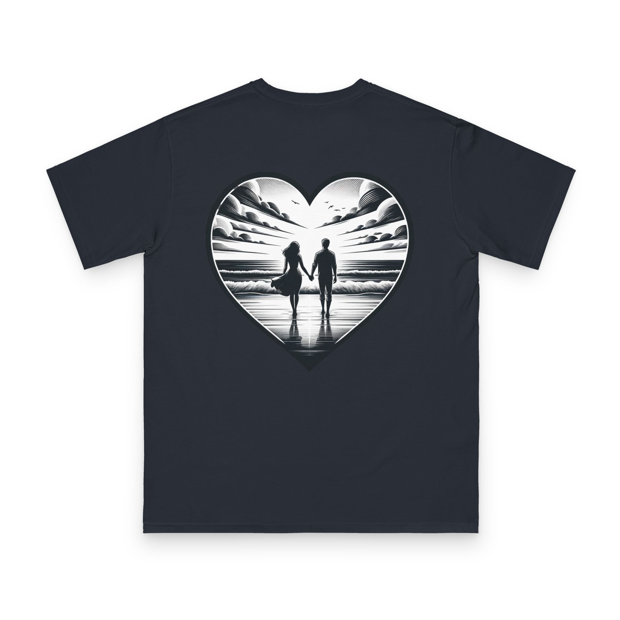 Couple Walking the Beach T-Shirt 8 OceanerosOcean Devotion Apparel Couple Walking the Beach T-Shirt - two figures walking along a wide beach