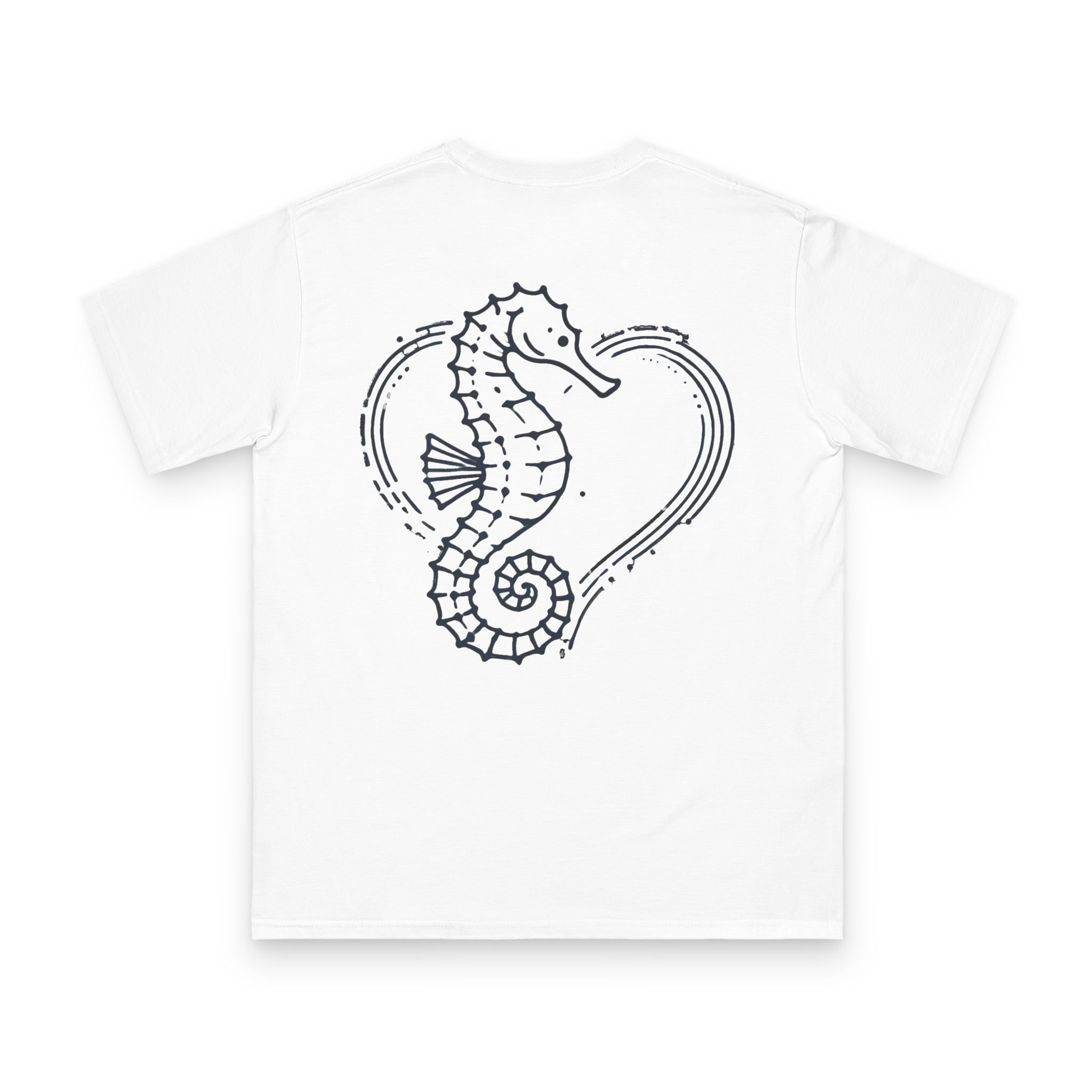 Tidebound Heart Seahorse T-Shirt 4 OceanerosOcean Devotion Apparel Tidebound Heart Seahorse T-Shirt - a seahorse anchored against the tide, its tail curled into a heart