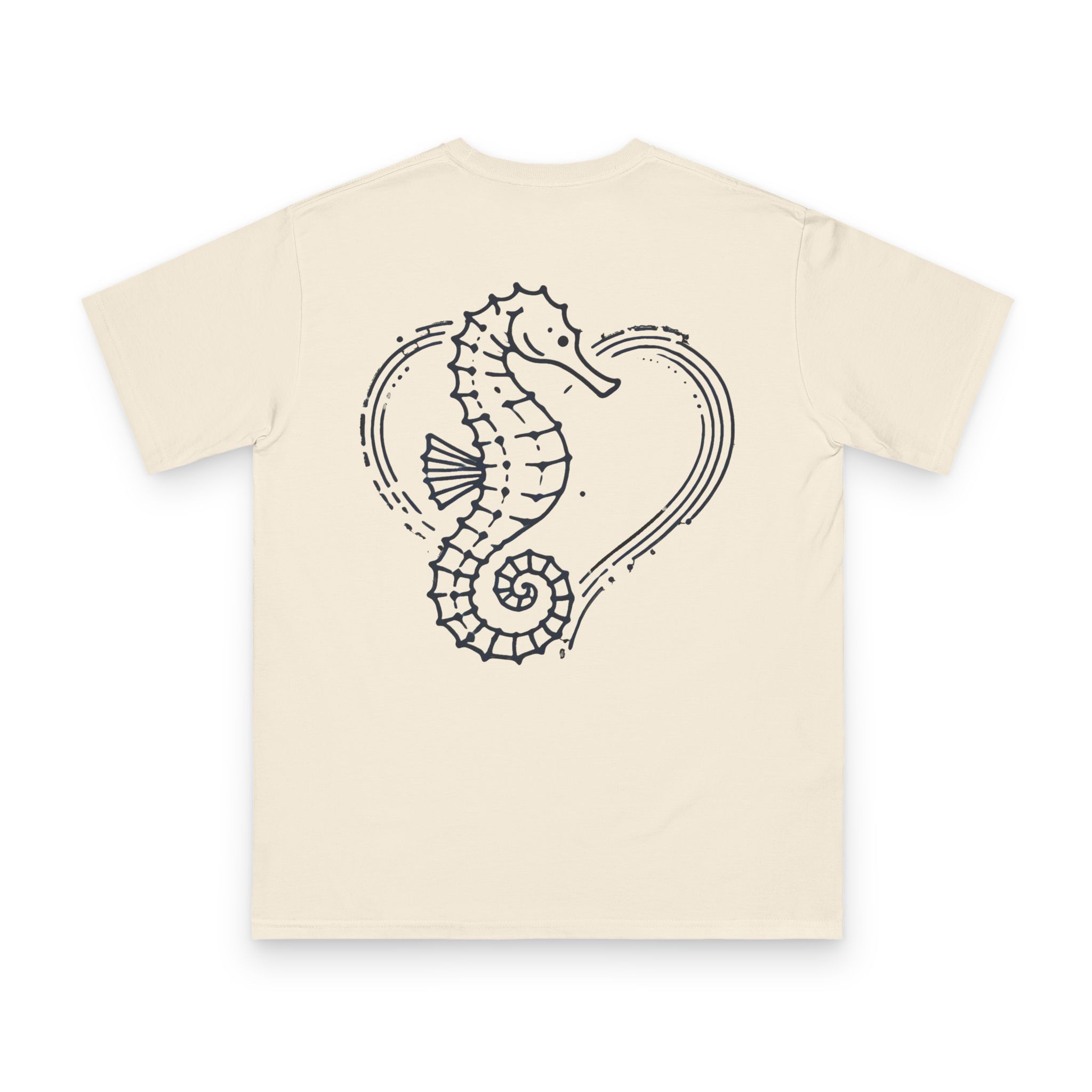 Tidebound Heart Seahorse T-Shirt 14 OceanerosOcean Devotion Apparel Tidebound Heart Seahorse T-Shirt - a seahorse anchored against the tide, its tail curled into a heart