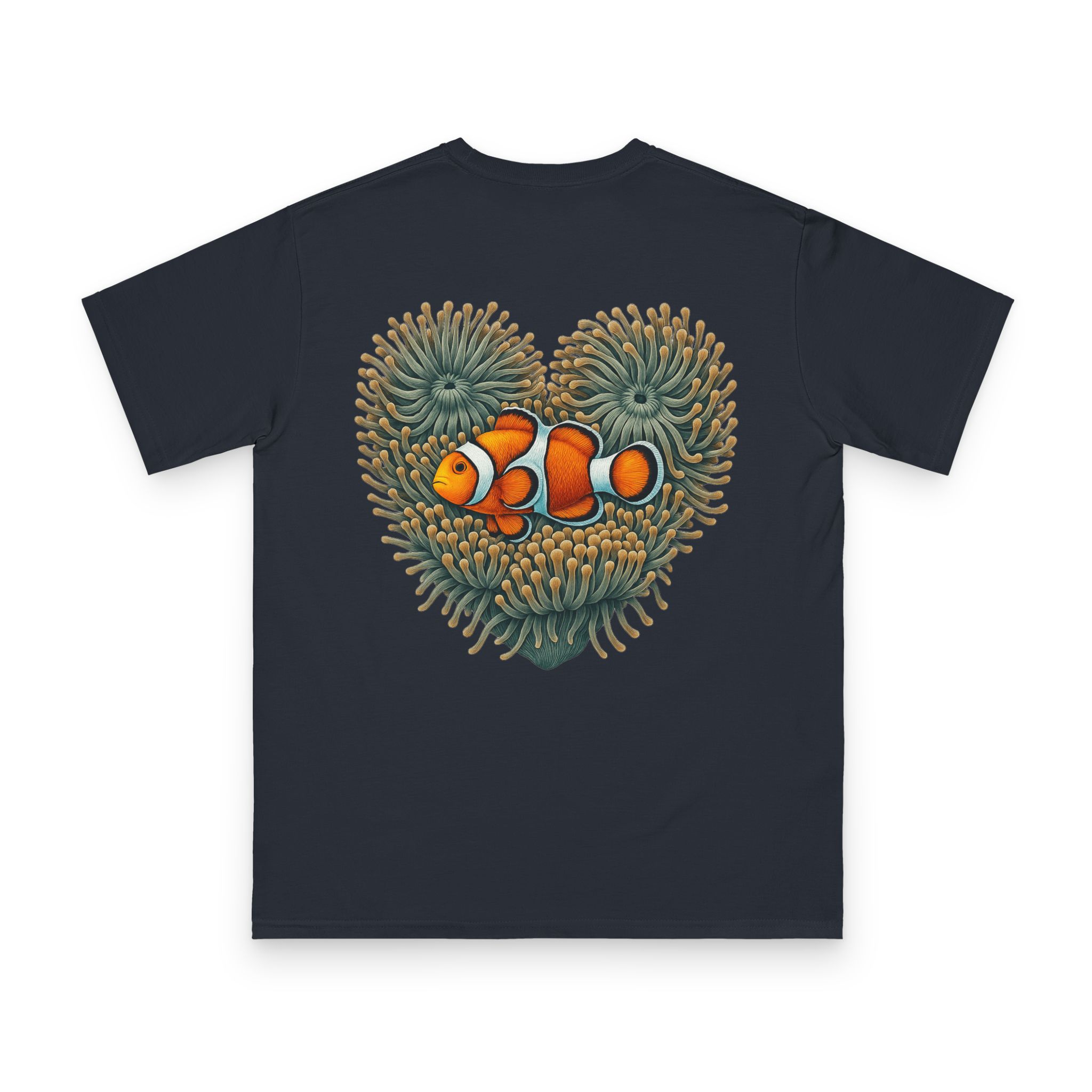 Clownfish in Green Anemone T-Shirt 1 OceanerosOcean Devotion Apparel Clownfish in Green Anemone T-Shirt - a clownfish in a green anemone, with neither color backing down