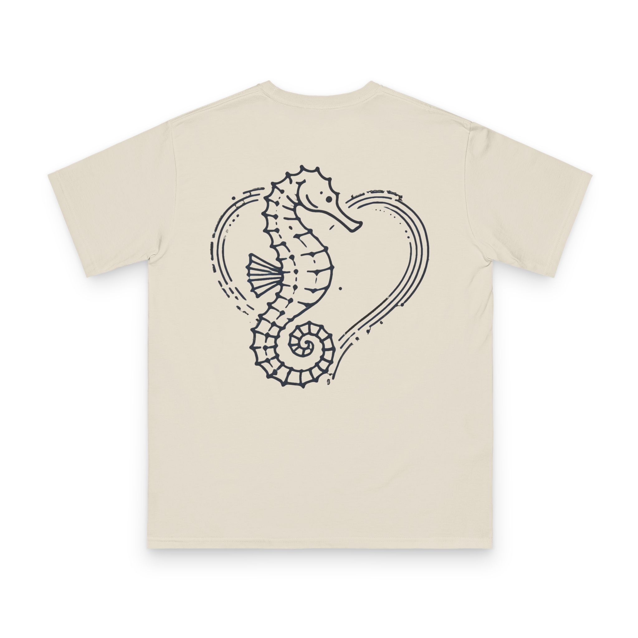 Tidebound Heart Seahorse T-Shirt 1 OceanerosOcean Devotion Apparel Tidebound Heart Seahorse T-Shirt - a seahorse anchored against the tide, its tail curled into a heart