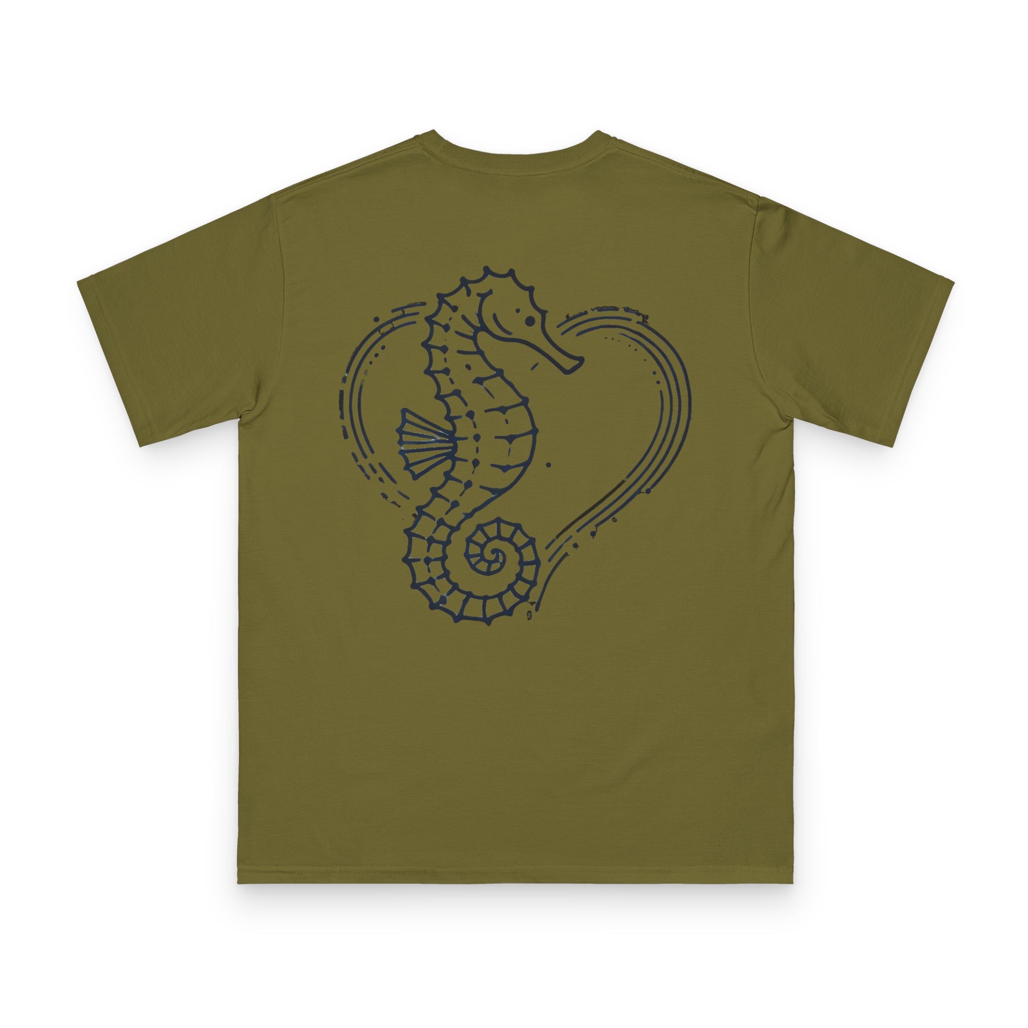 Tidebound Heart Seahorse T-Shirt 22 OceanerosOcean Devotion Apparel Tidebound Heart Seahorse T-Shirt - a seahorse anchored against the tide, its tail curled into a heart